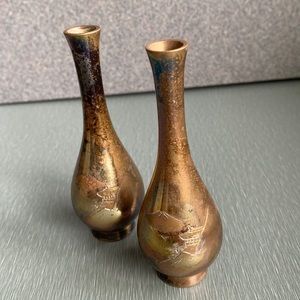 Vintage Mini Japanese Bronze Vases, Etched with Mountain Scene.